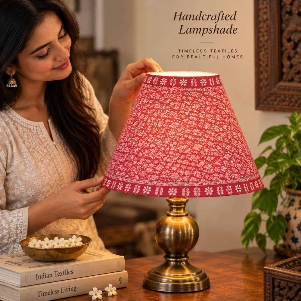 Handmade Pink Pure Cotton Upcycled Sari Lamp Shade, W/ Frame W/O Base Stand Pleated Floral Design, Eco-Friendly Decor Night By KreatvKraft