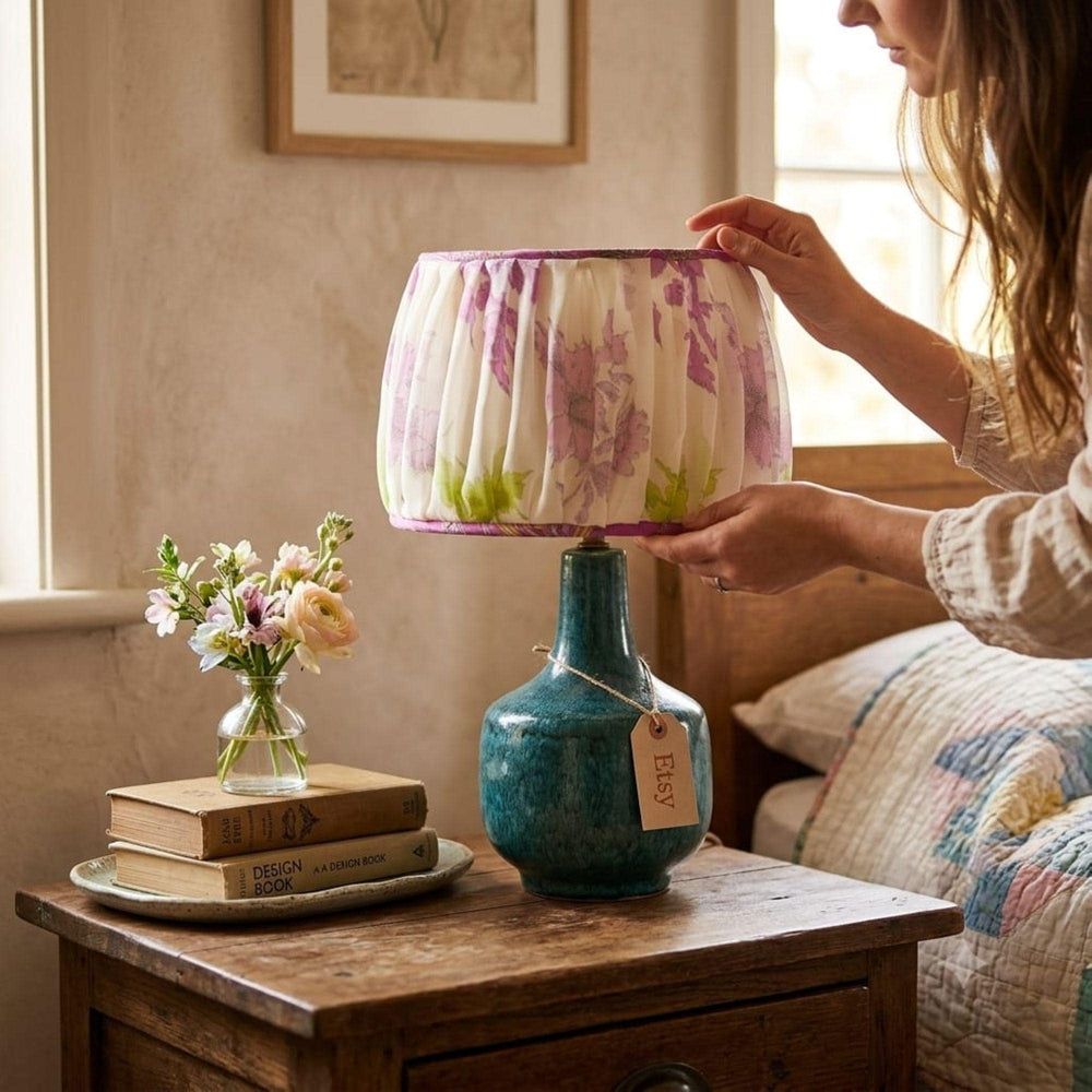 Pleated Lampshade Handmade from Upcycled White Georgette Sari, Floral Table Lamp Shade Without Base Stand , Home Decor, Eco Friendly Gift