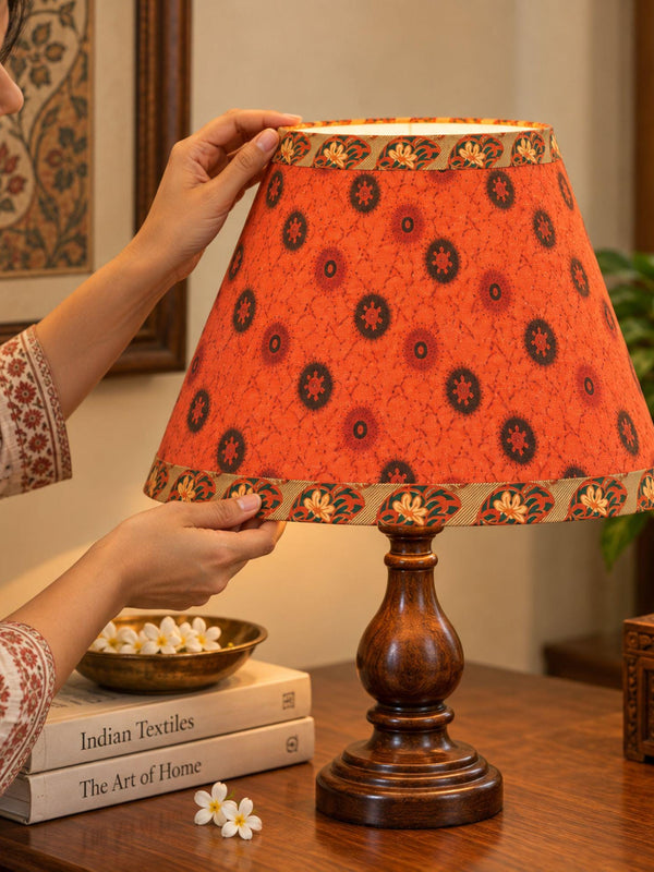 Orange Upcycled Cotton Sari Lamp Shade, Pleated Floral – Shade Only
