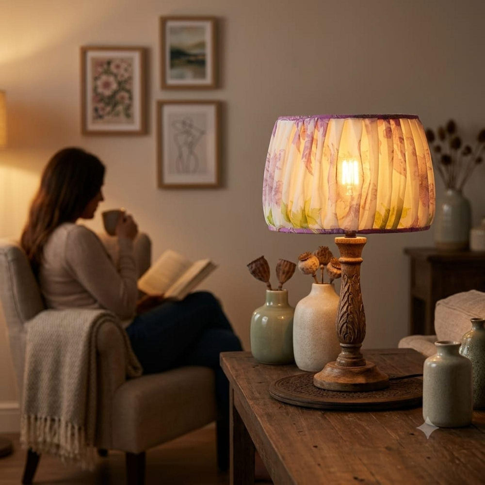 Pleated Lampshade Handmade from Upcycled White Georgette Sari, Floral Table Lamp Shade Without Base Stand , Home Decor, Eco Friendly Gift