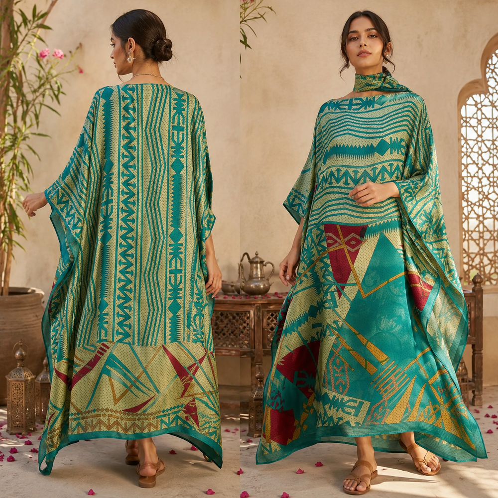 Custom made 100% VINTAGE silk (crepe de chine) Kaftan dress, hand made, unique, personalized, relaxed style
