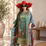 Vintage Silk Sari Kaftan Dress, Handcrafted Relaxed Fit, Semi-Sheer Indian Maxi