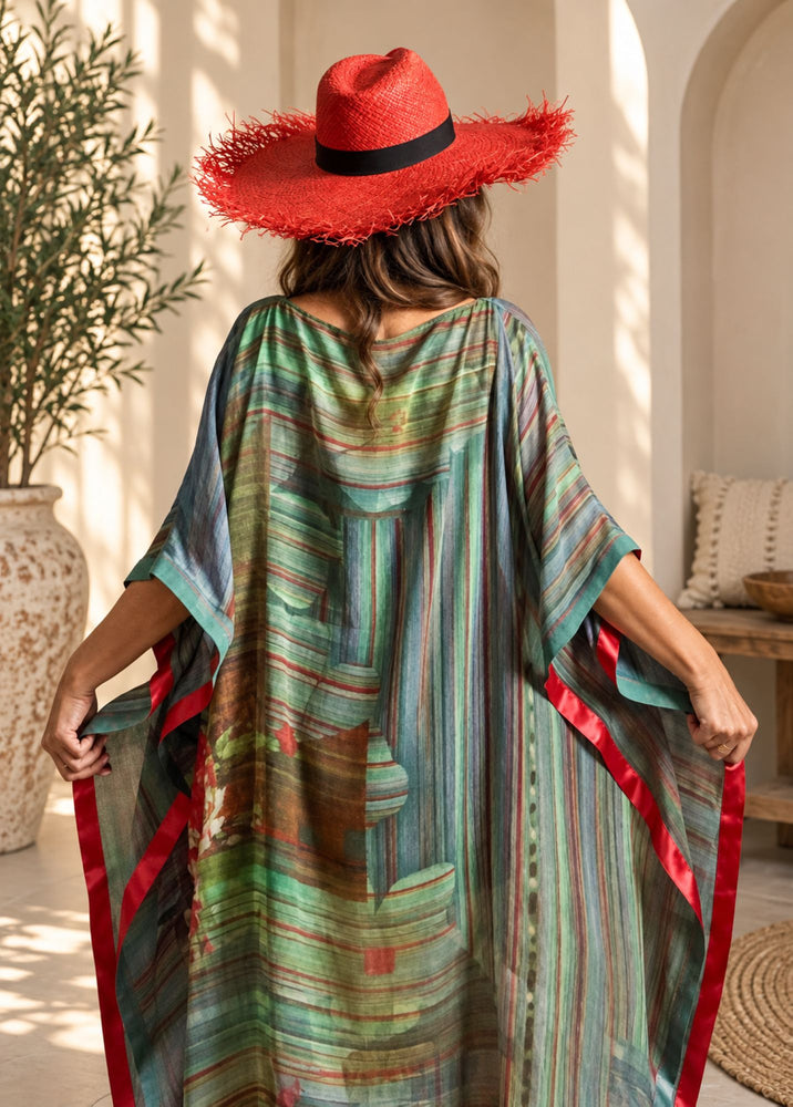 Vintage Silk Sari Kaftan Dress, Handcrafted Relaxed Fit, Semi-Sheer Indian Maxi