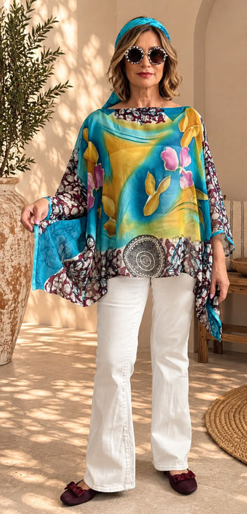 Custom made 100% VINTAGE silk (crepe de chine) Kaftan style blouse, hand made, unique, personalized, relaxed style