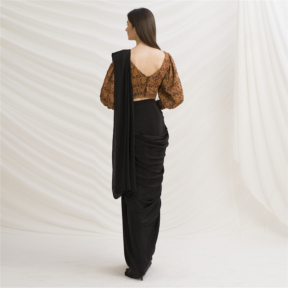 Kantha Pure Crepe Silk Long Sleeves Padded Crop Top Blouse