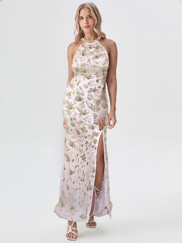 Long Wedding Evening Party Handmade Halter Neck Backless Gown Dress