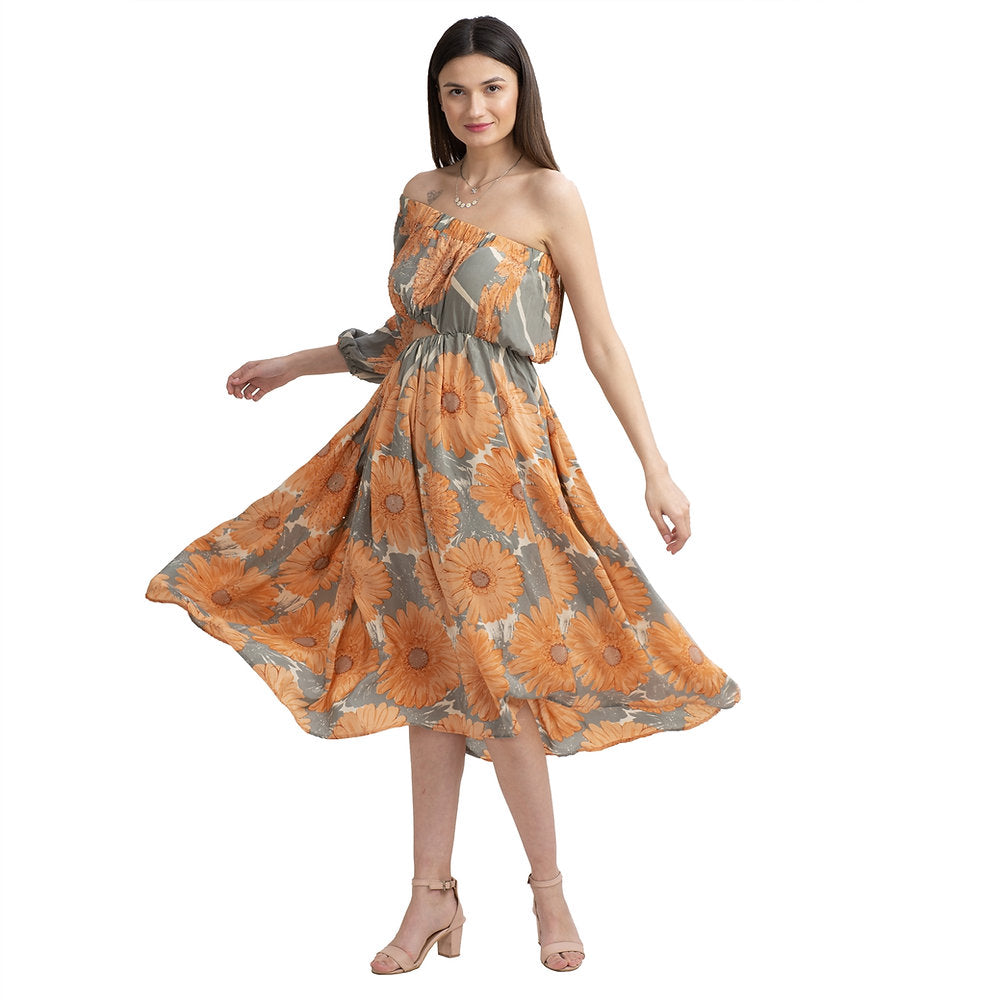 Pure Crepe Silk W Balloon Sleeves Off Shoulder Cocktail Long Dress (Medium)