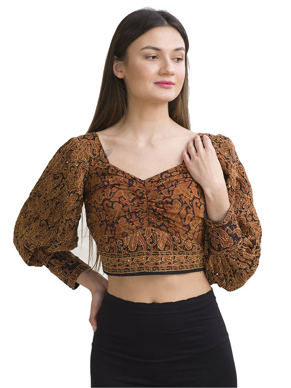 Kantha Pure Crepe Silk Long Sleeves Padded Crop Top Blouse