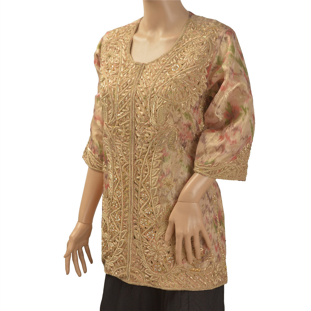 Pure Silk Zardozi Party Wear Short Kurta Top (Medium)