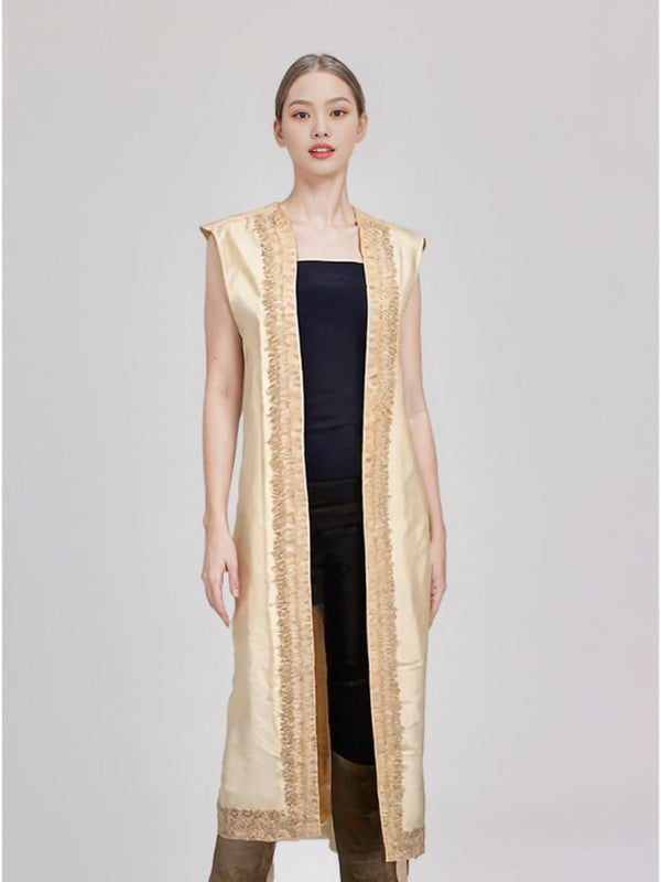 Khadi Cotton Hand Embroidered Long Open Style Shrug Jacket (Large)