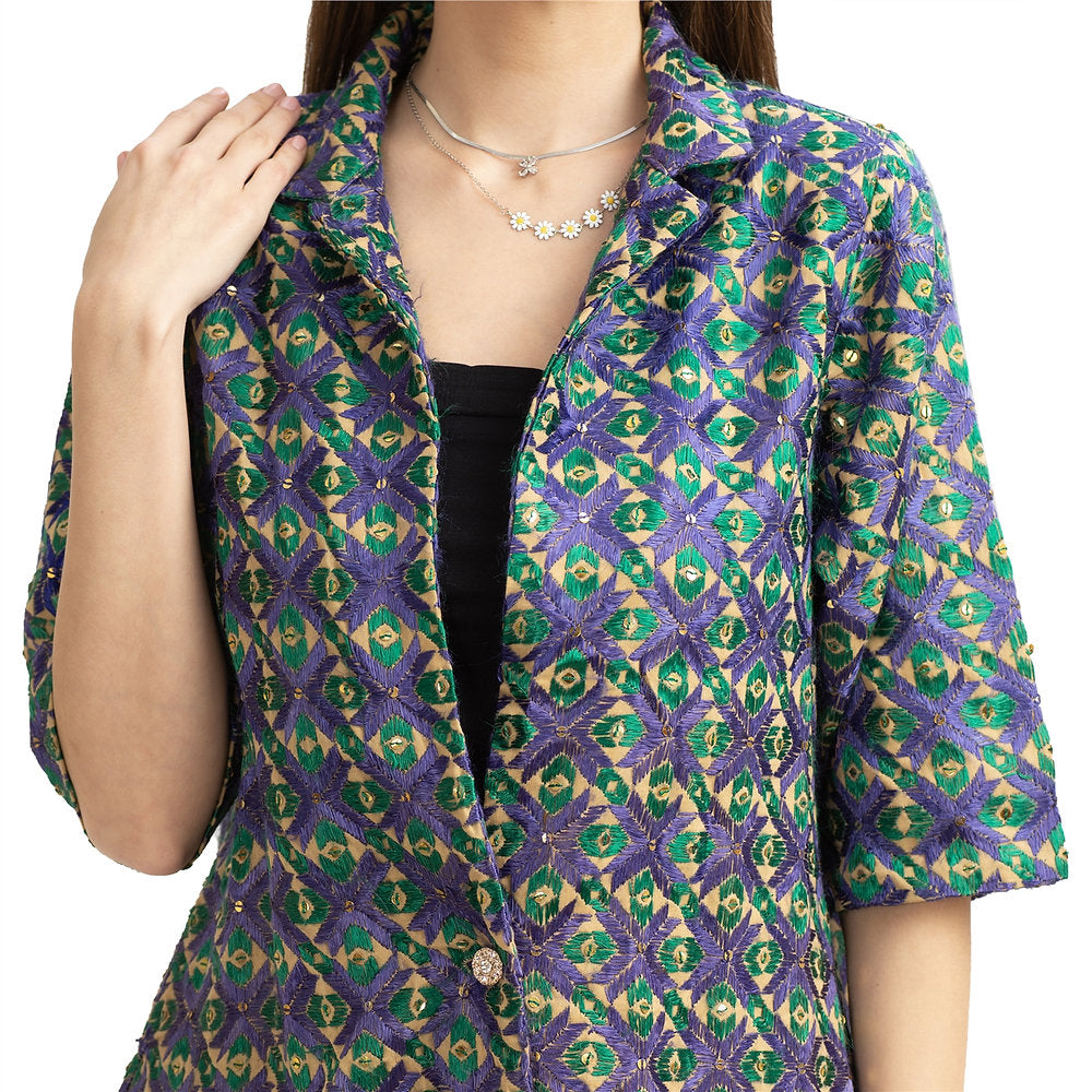 Cotton Floral Phulkari Short Jacket Blazer (Large)