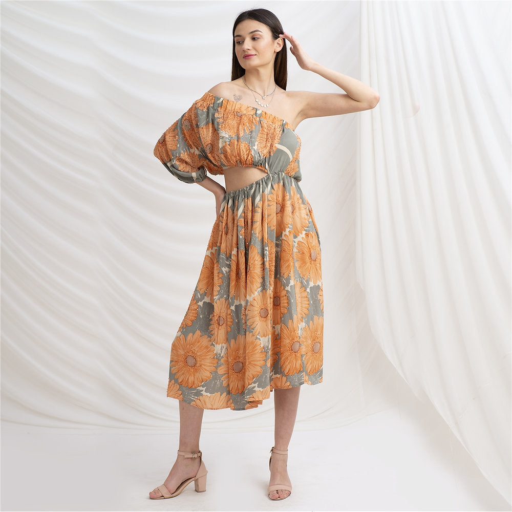 Pure Crepe Silk W Balloon Sleeves Off Shoulder Cocktail Long Dress (Medium)