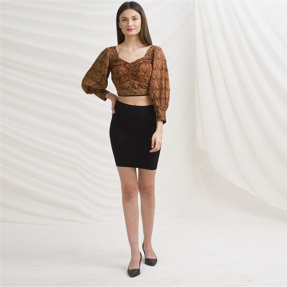 Kantha Pure Crepe Silk Long Sleeves Padded Crop Top Blouse