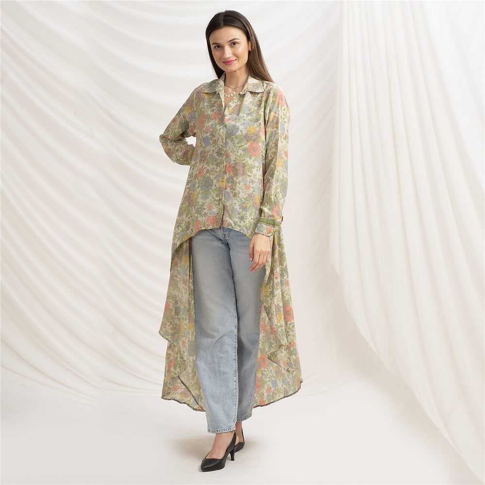 Pure Crepe Silk Long Shrug Style Shirt Dress, Upcycled Free Size (Large)