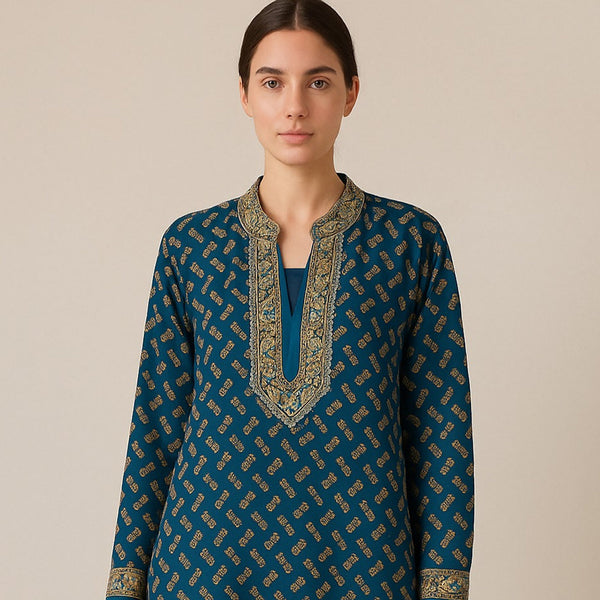 Blue Pure Georgette Silk Hand Embroidered Long Kurta, Band Collar