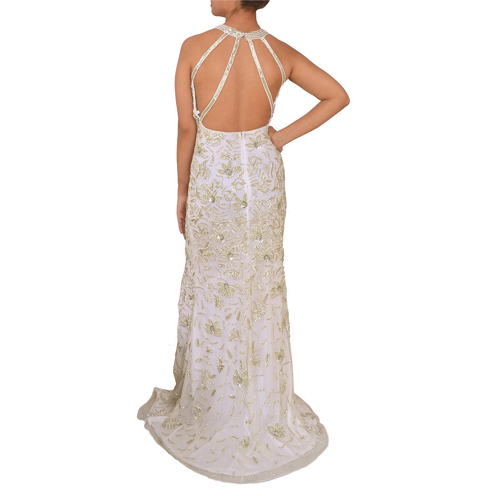 Long Wedding Evening Party Handmade Halter Neck Backless Gown Dress