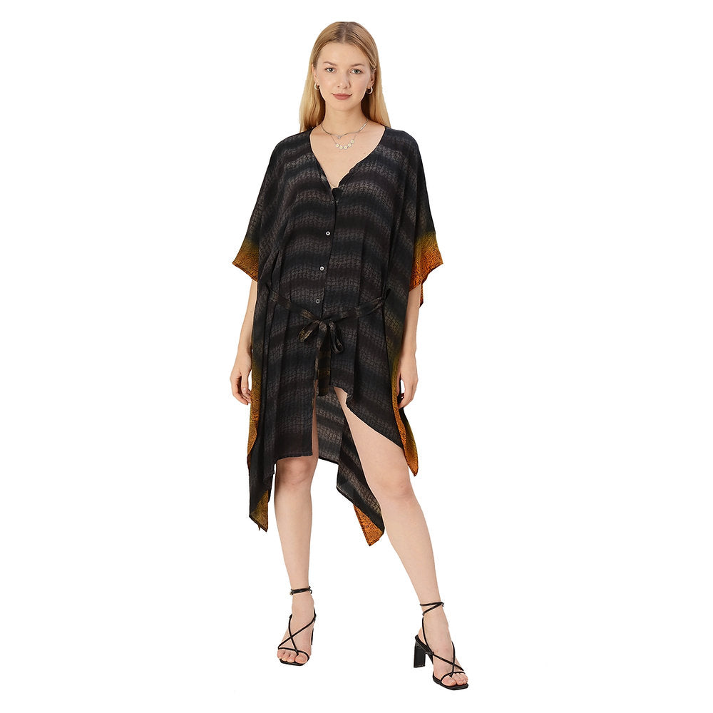Pure Crepe Silk Long Kimono Kaftan - Upcycled Free Size