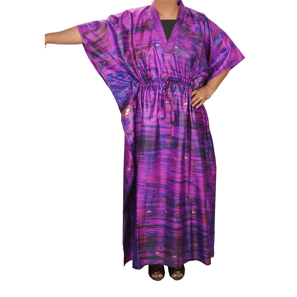 Pure Silk Artisan Tie & Dye Long Kaftan Dress (Adjustable Waist Belt)