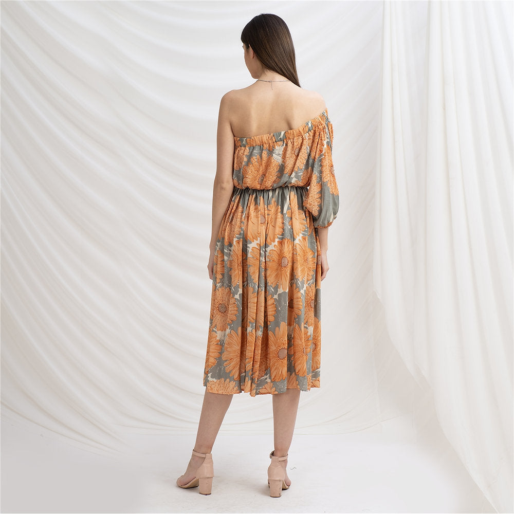 Pure Crepe Silk W Balloon Sleeves Off Shoulder Cocktail Long Dress (Medium)