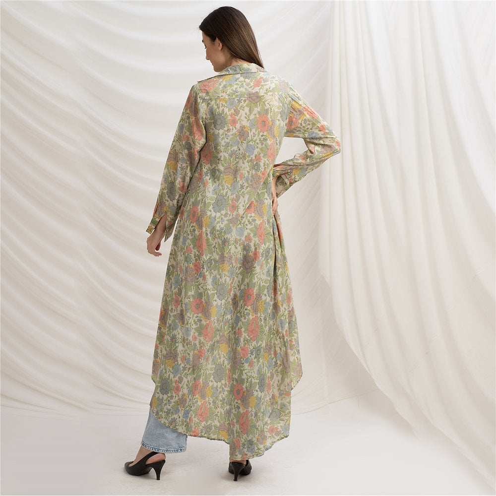 Pure Crepe Silk Long Shrug Style Shirt Dress, Upcycled Free Size (Large)