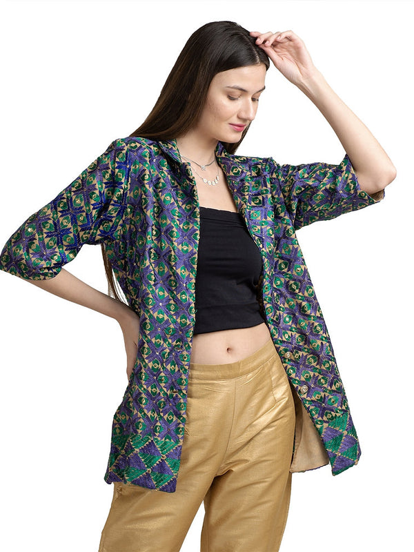 Cotton Floral Phulkari Short Jacket Blazer (Large)