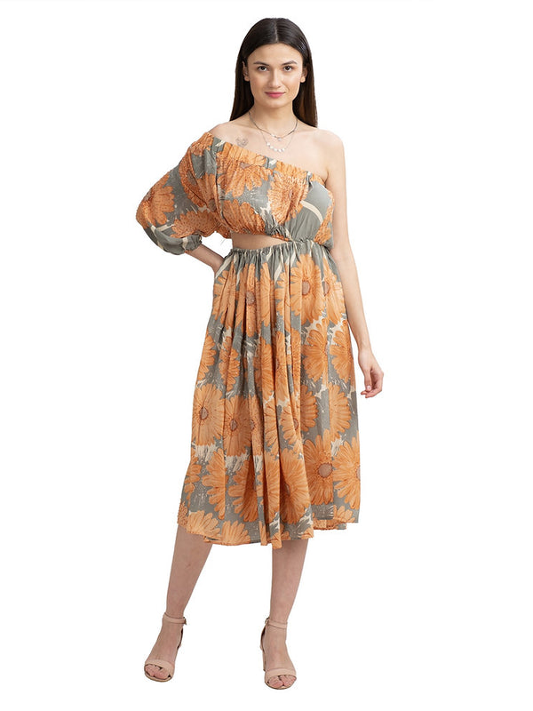 Pure Crepe Silk W Balloon Sleeves Off Shoulder Cocktail Long Dress (Medium)
