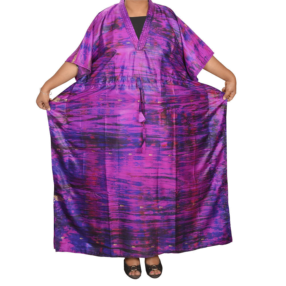 Pure Silk Artisan Tie & Dye Long Kaftan Dress (Adjustable Waist Belt)
