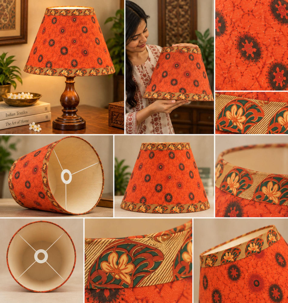 Handmade Orange Pure Cotton Upcycled Sari Lamp Shade, W/ Frame W/O Base Stand Pleated Floral Design, Eco-Friendly Decor Night By KreatvKraft