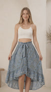Pure Crepe Silk High-Low Button Skirt – Elastic Waist, Drawstring Fit